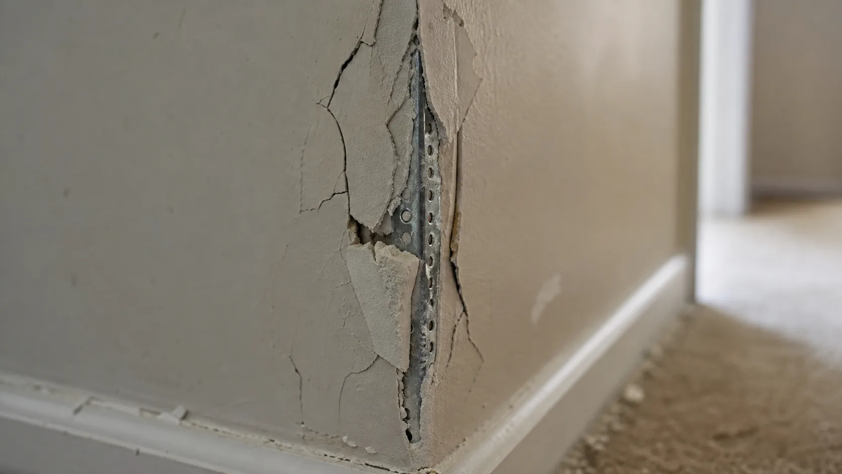 Damaged drywall corner showing cracked compound over the corner bead.