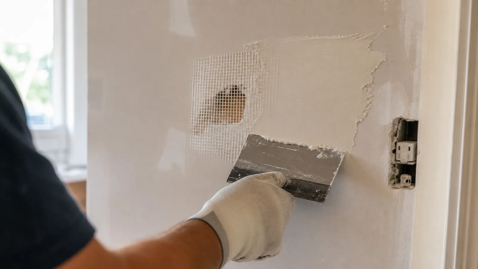 Drywall hole repair in progress with a mesh patch and joint compound applied.
