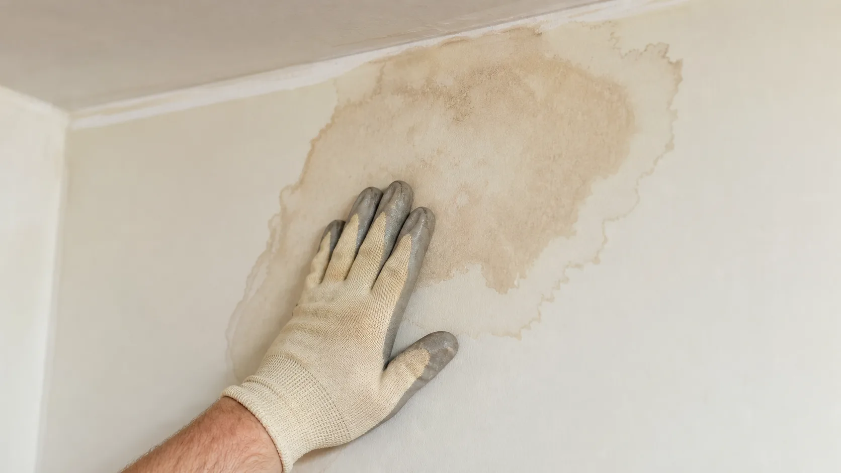 Water stain on drywall being checked for softness before patching.