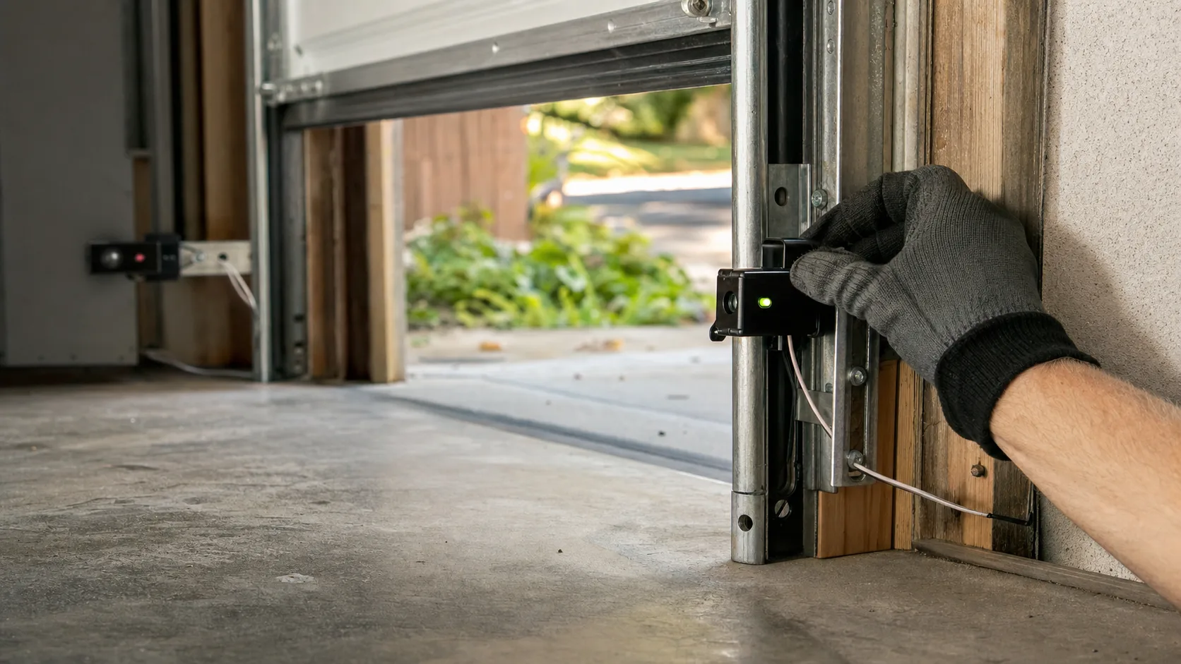 Garage door safety sensors near the floor, the most common cause of a door that won't close.
