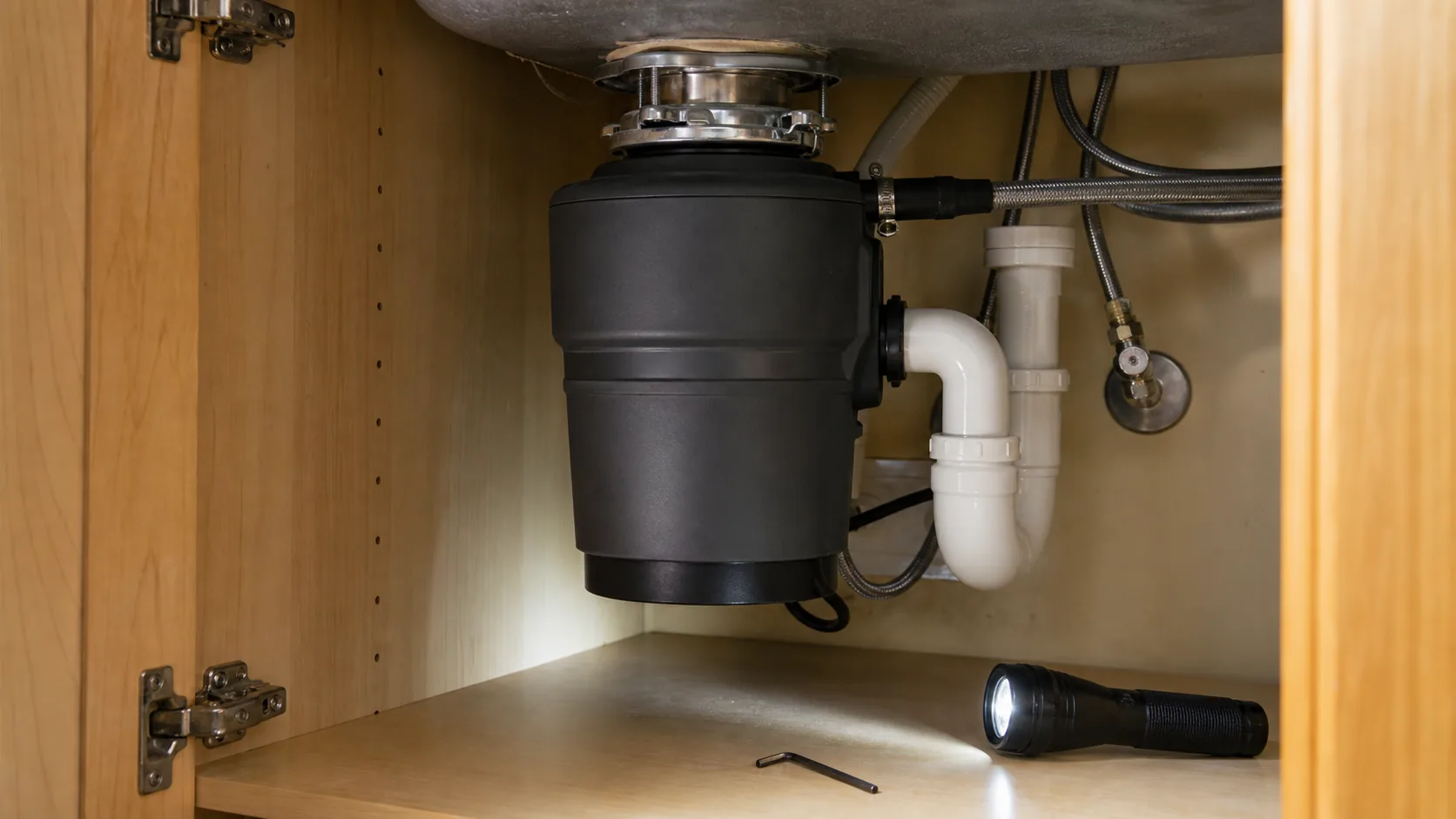 Garbage disposal unit under a kitchen sink before clearing a jam.