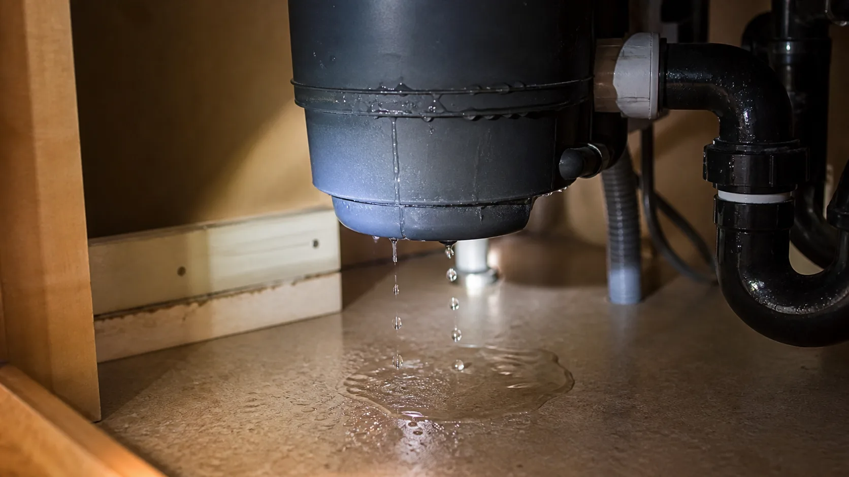 Water leaking from a garbage disposal under the kitchen sink.