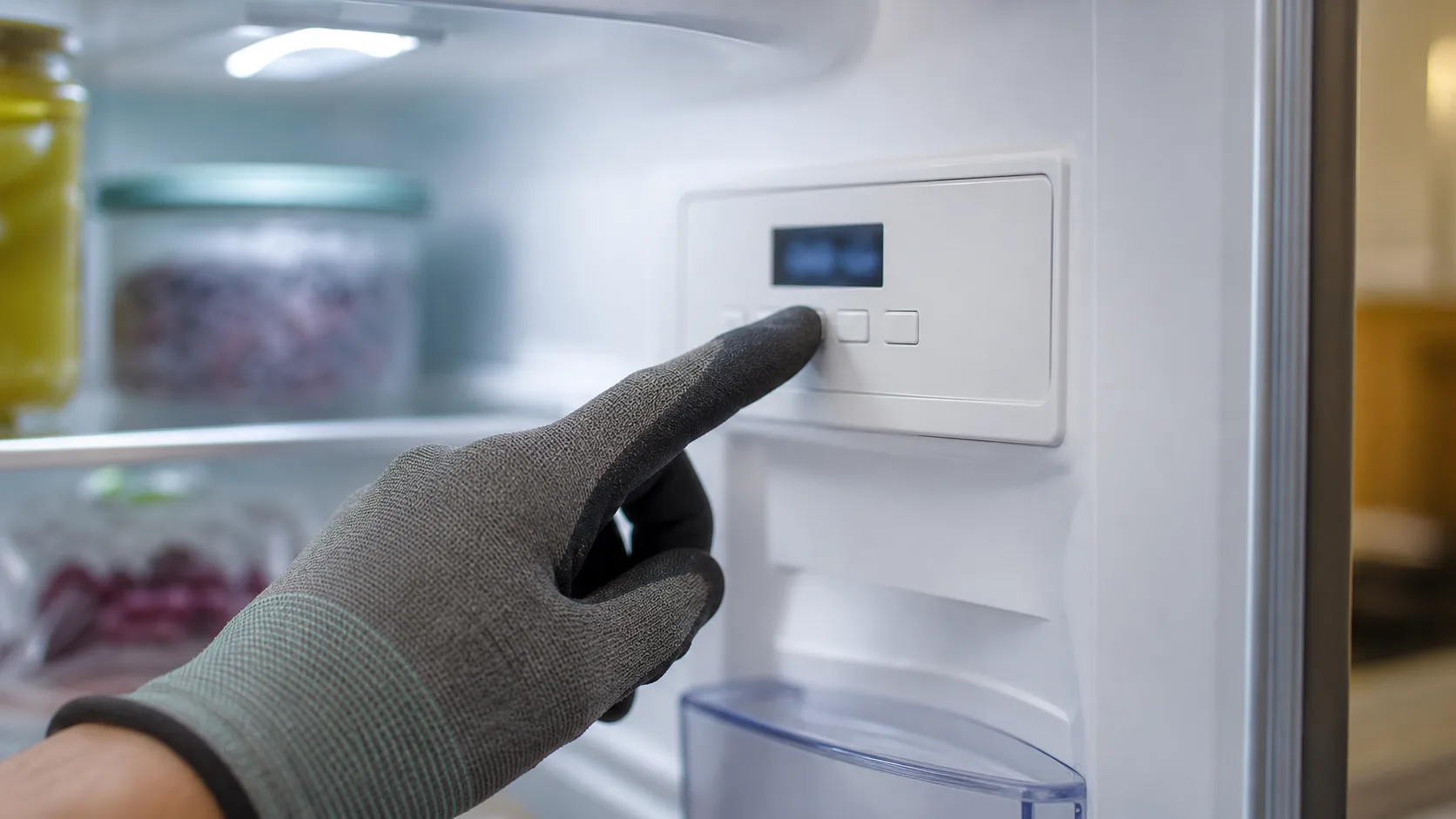 GE refrigerator control panel used to check temperature settings.