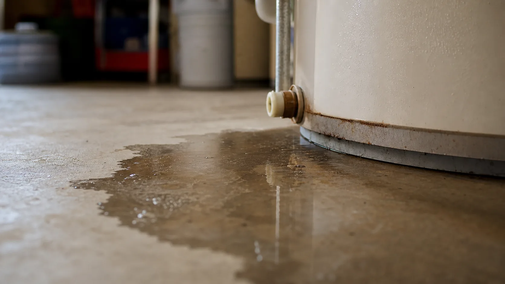 Water pooling near the base of a residential water heater.
