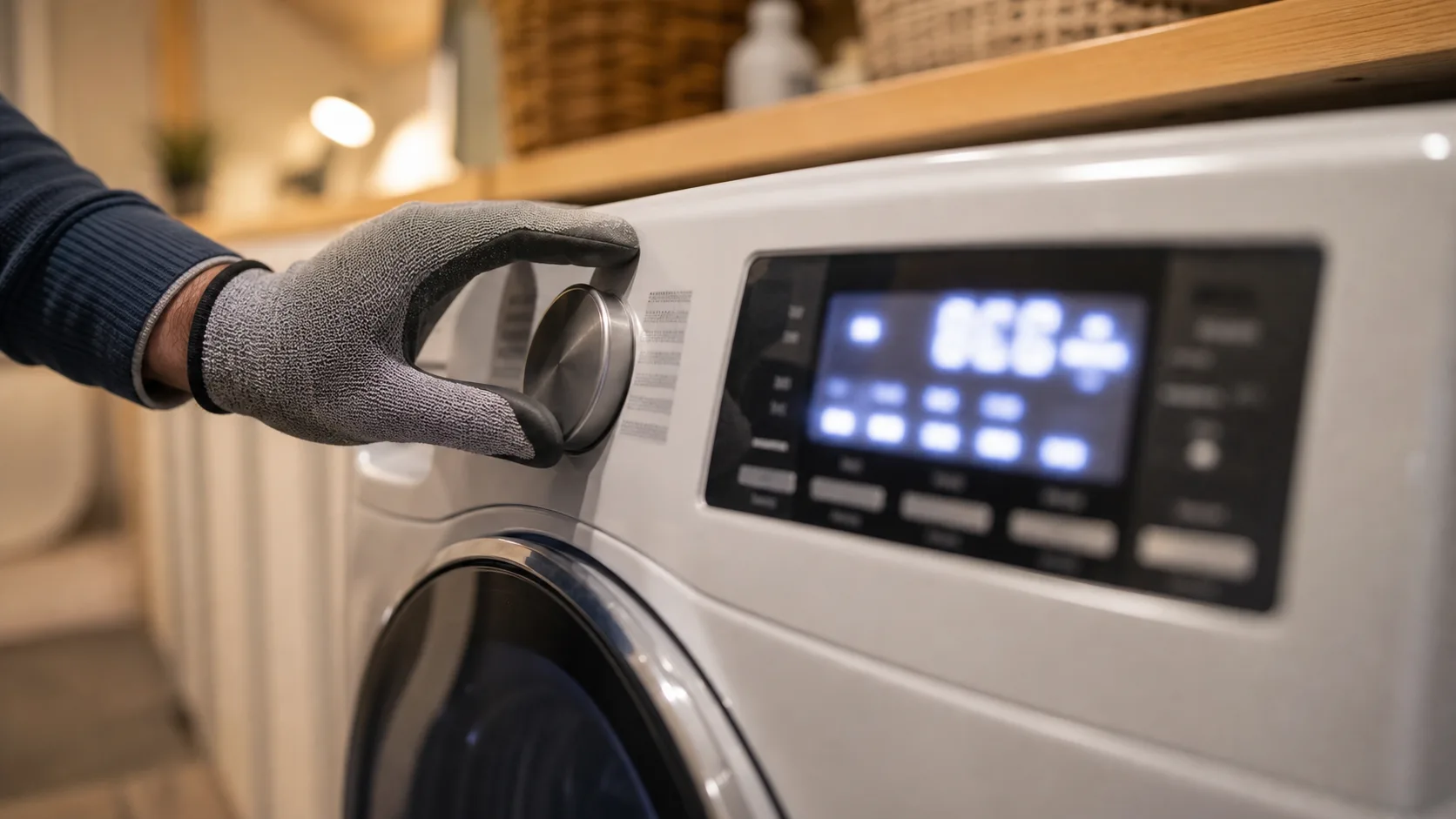 LG washer display showing the FE overfill error code.