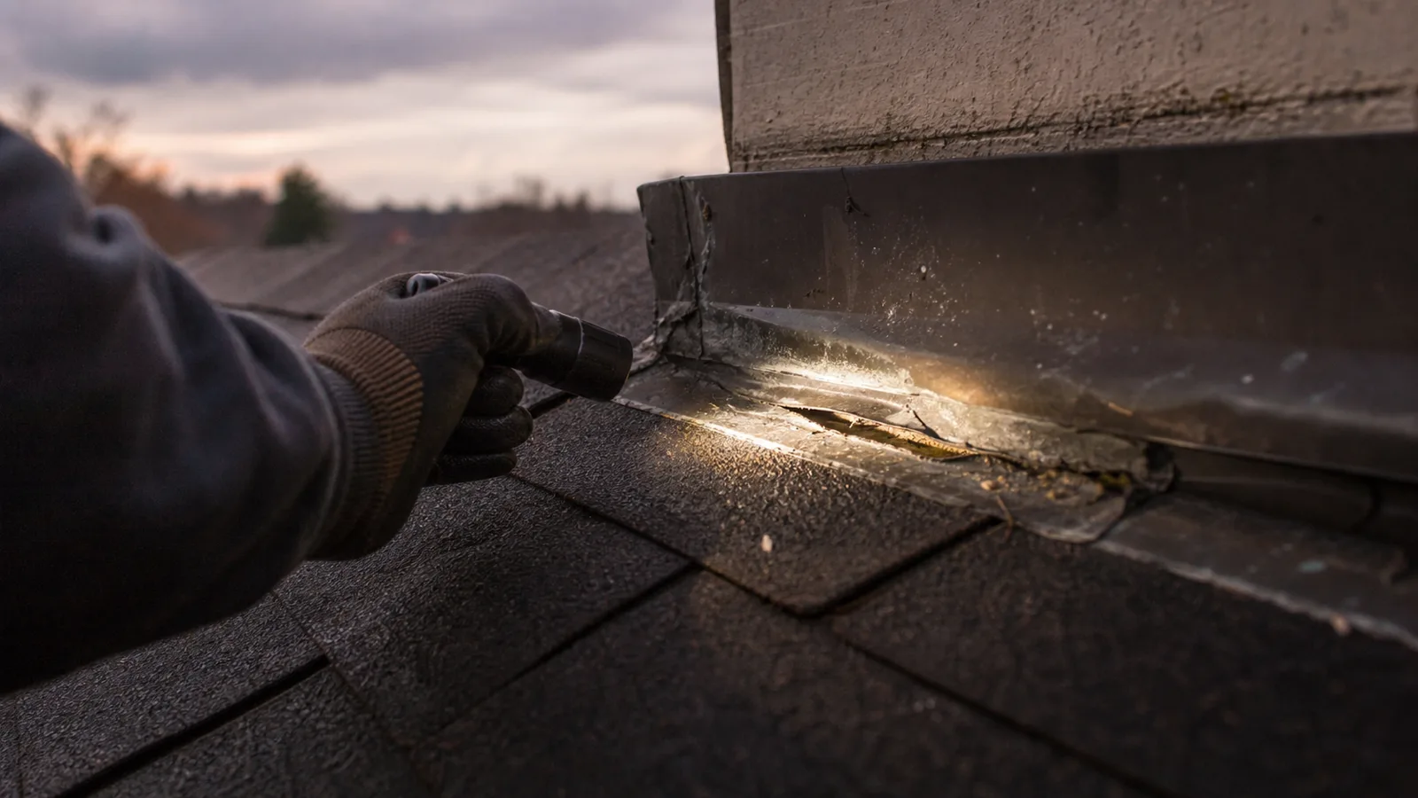 Close-up of a roof leak source near flashing during inspection.