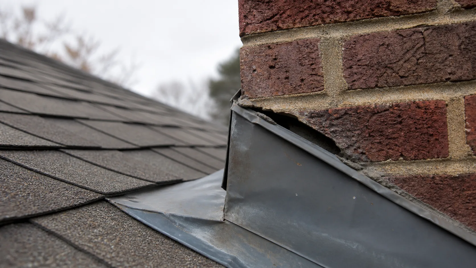 Roof flashing around a chimney with a visible gap causing a leak.