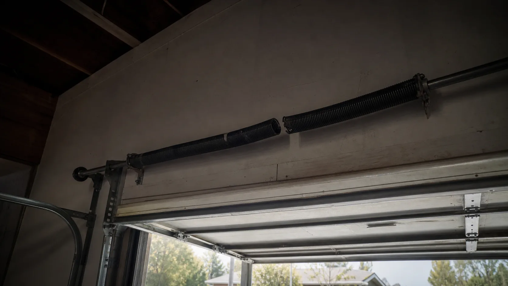 Broken garage door torsion spring showing a visible gap in the coil.