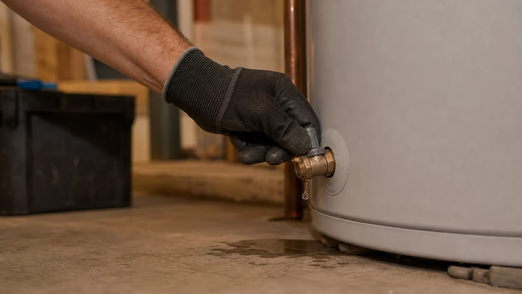 Water heater drain valve at the base of the tank, a common source of bottom leaks.