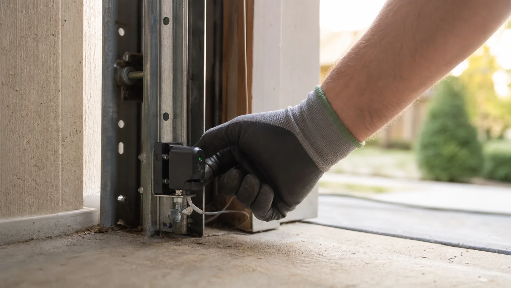 Garage door safety sensor near the floor track, a common cause of a door that won't open.