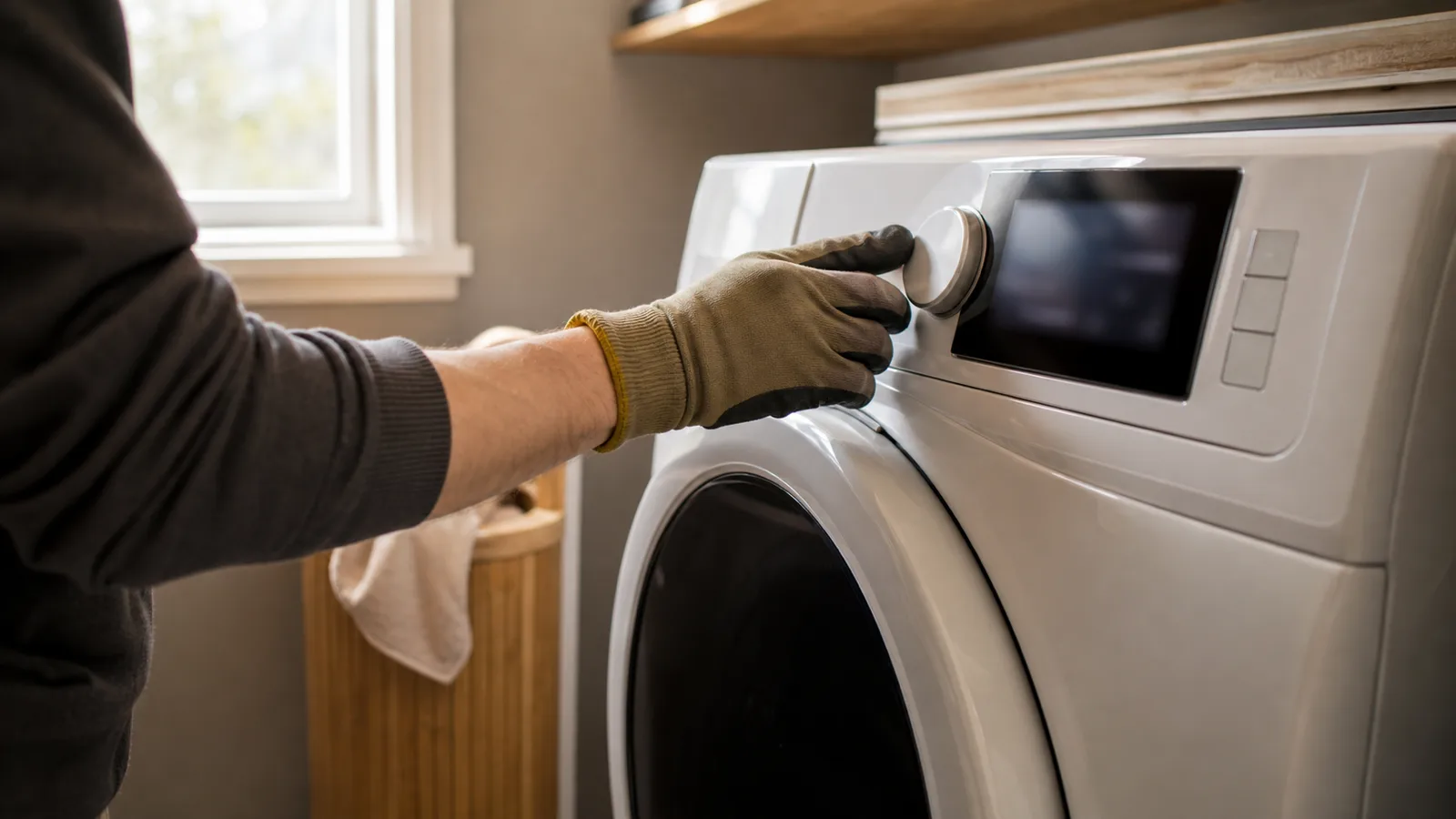 Reaching toward a washer or dryer's control panel, display blurred.