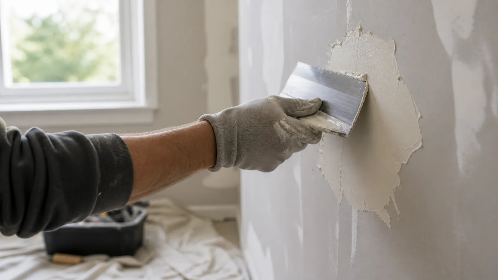 Smoothing joint compound over a drywall patch with a putty knife.