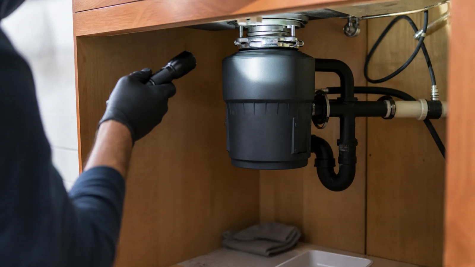Inspecting a garbage disposal under a kitchen sink with a flashlight.