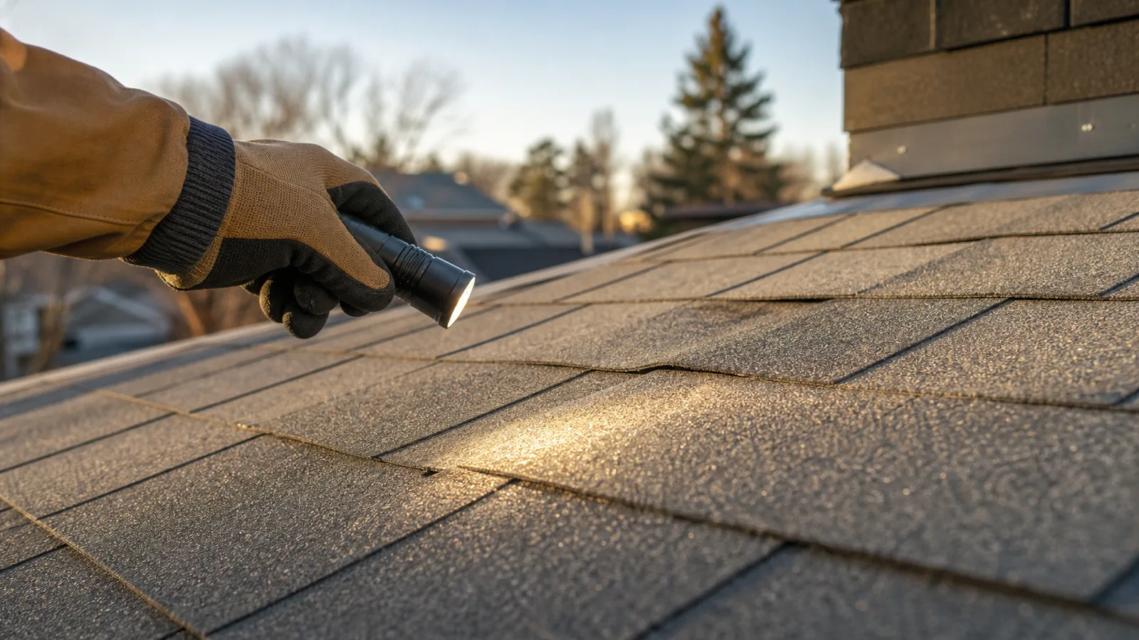 Inspecting a roof section for damage with a flashlight during a leak check.