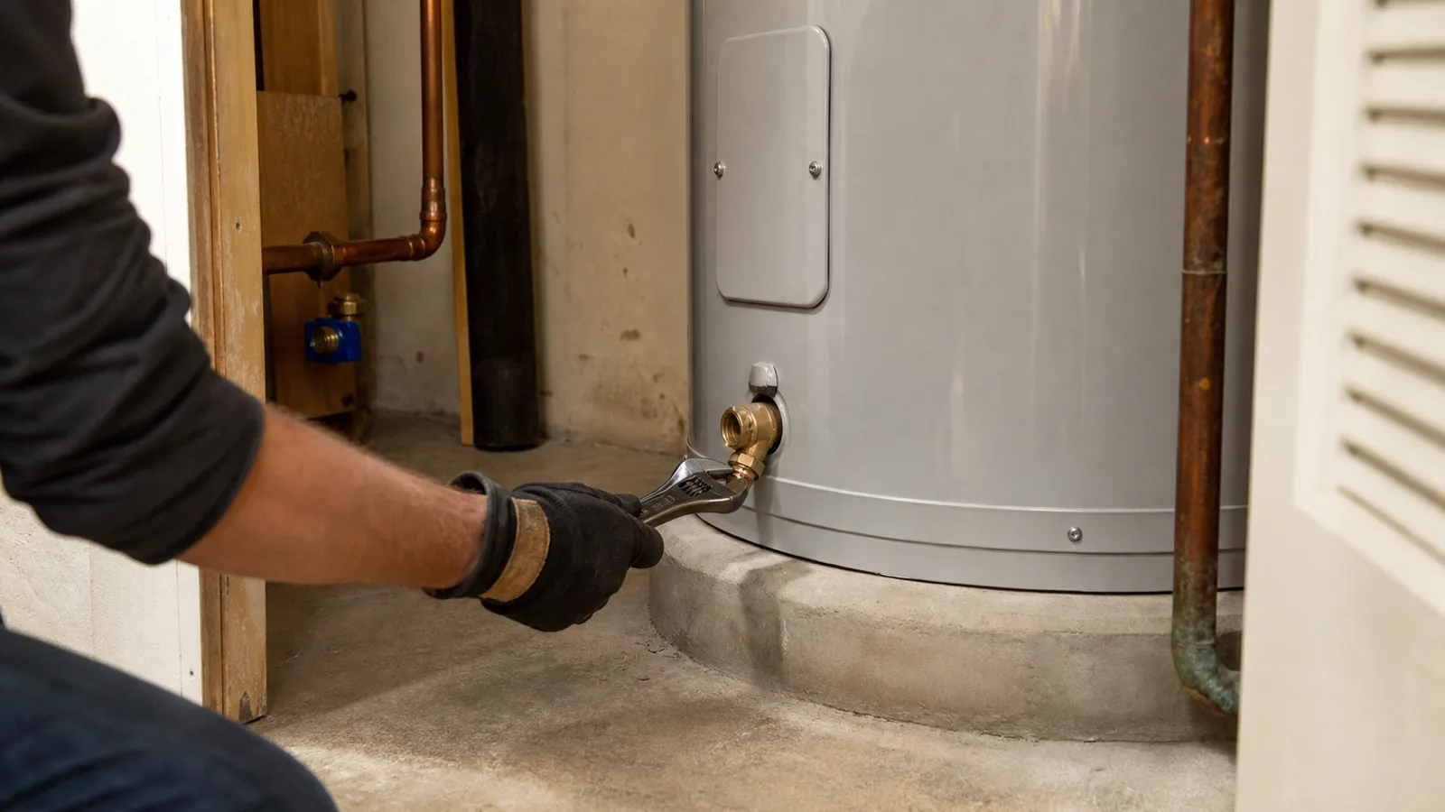 Checking a residential water heater's valve in a utility closet.