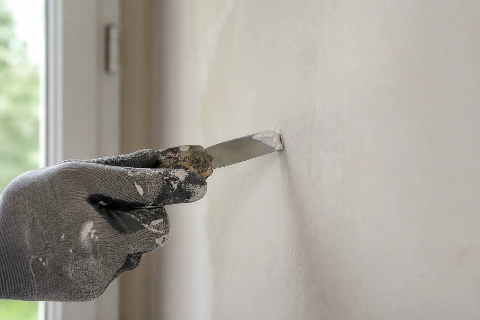 Applying spackle to a small nail hole in drywall with a putty knife.