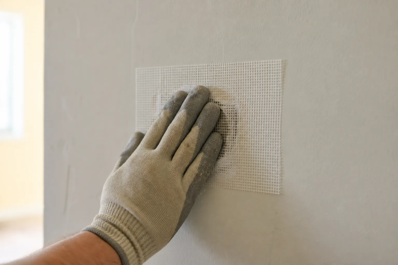 Self-adhesive mesh patch applied over a medium-sized drywall hole before joint compound.