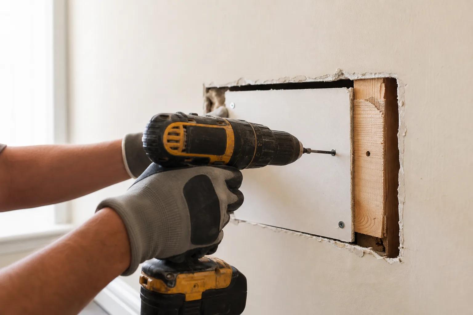 Drywall patch screwed into a wood backing strip for a large hole repair.