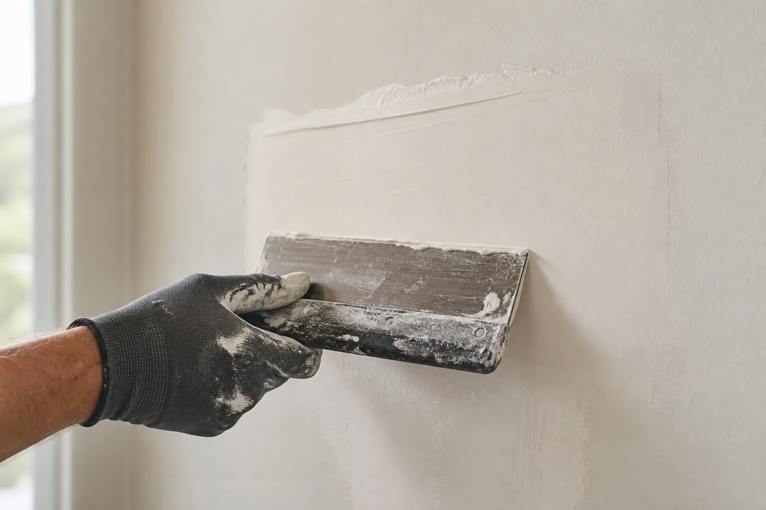Smoothing a fresh coat of joint compound over a patched drywall section with a putty knife.