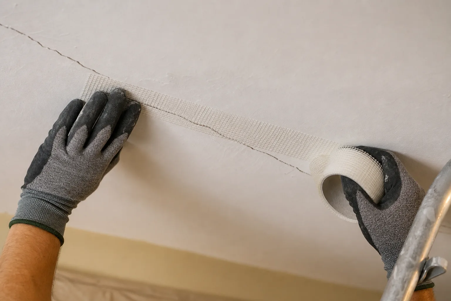 Applying self-adhesive mesh tape over a ceiling crack before compound.
