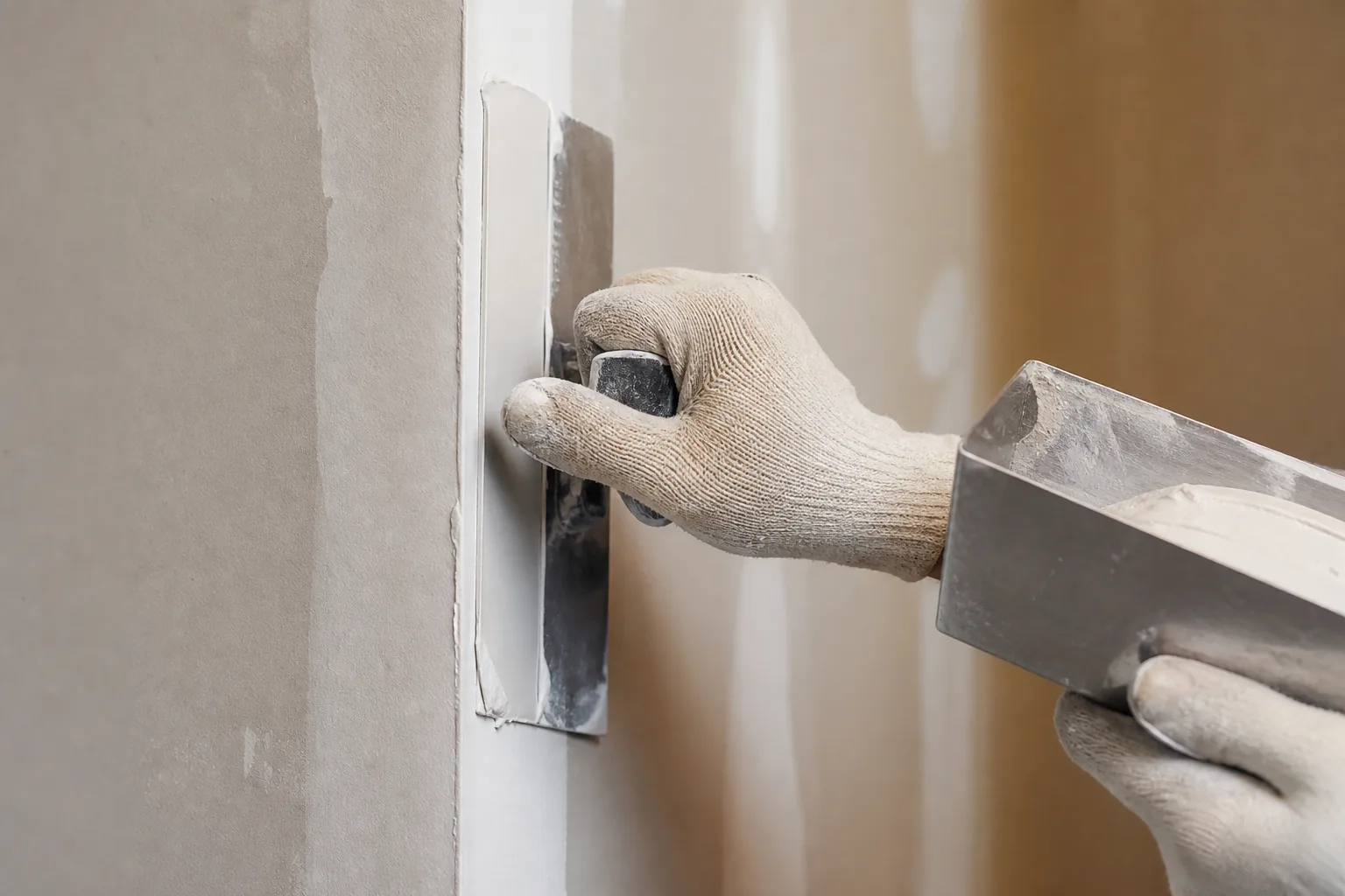 Applying joint compound to a drywall corner with a corner trowel.