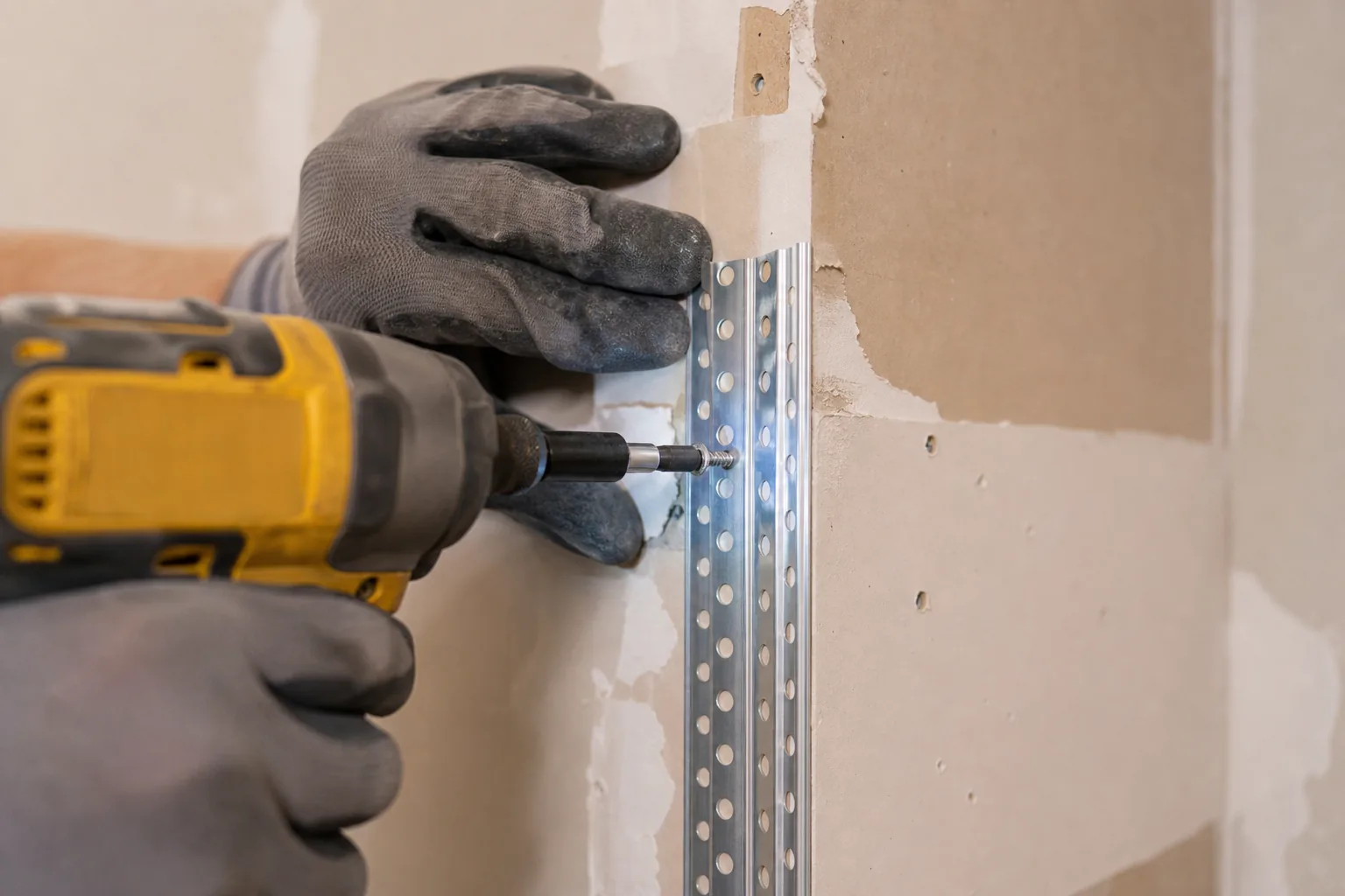 Installing a replacement corner bead on a damaged drywall corner.