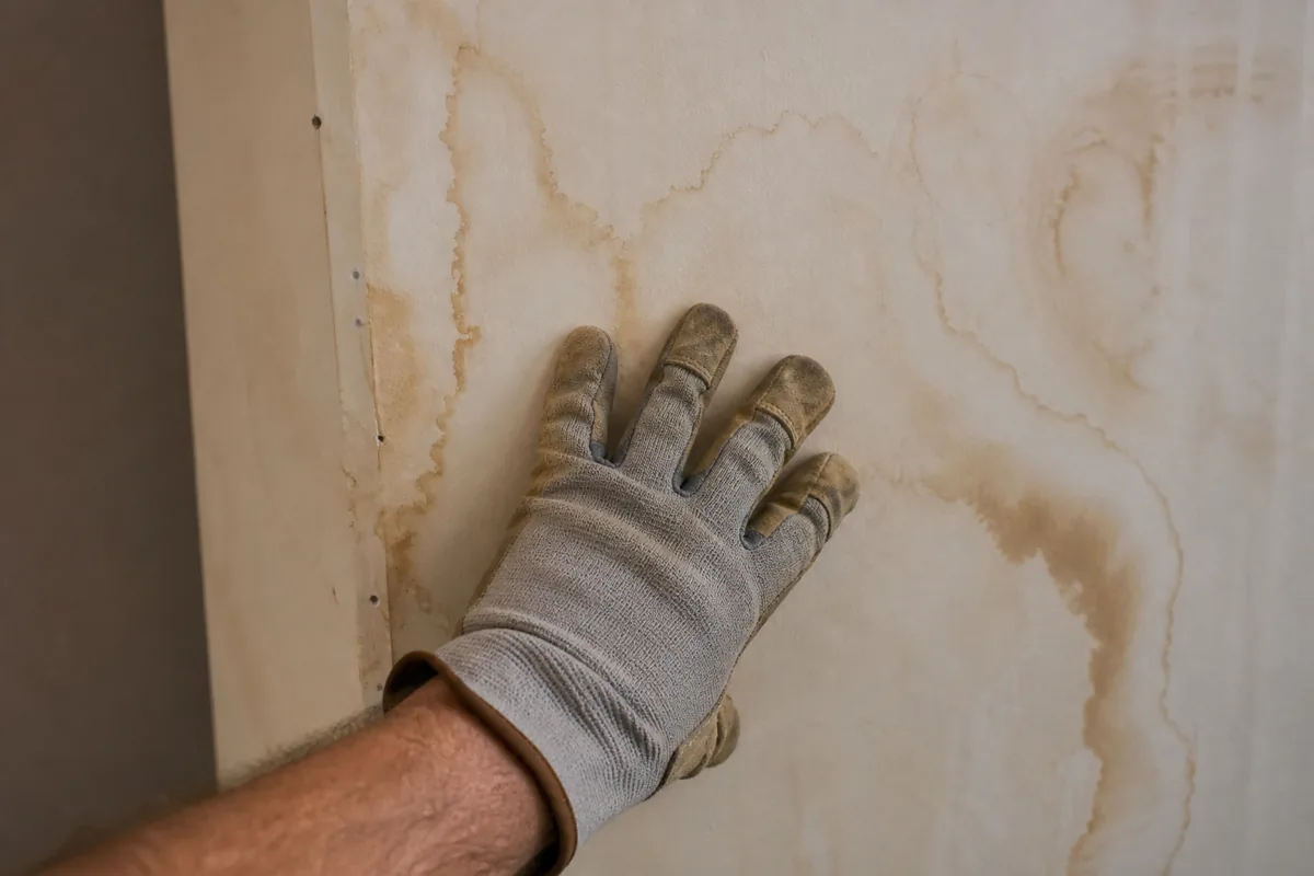 Checking how far water damage has spread on drywall before cutting it out.