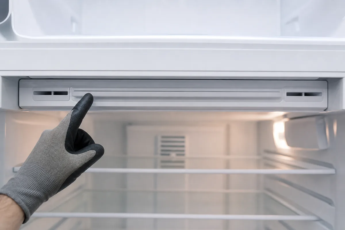 Checking a Frigidaire refrigerator's air damper for a fridge cooling problem.