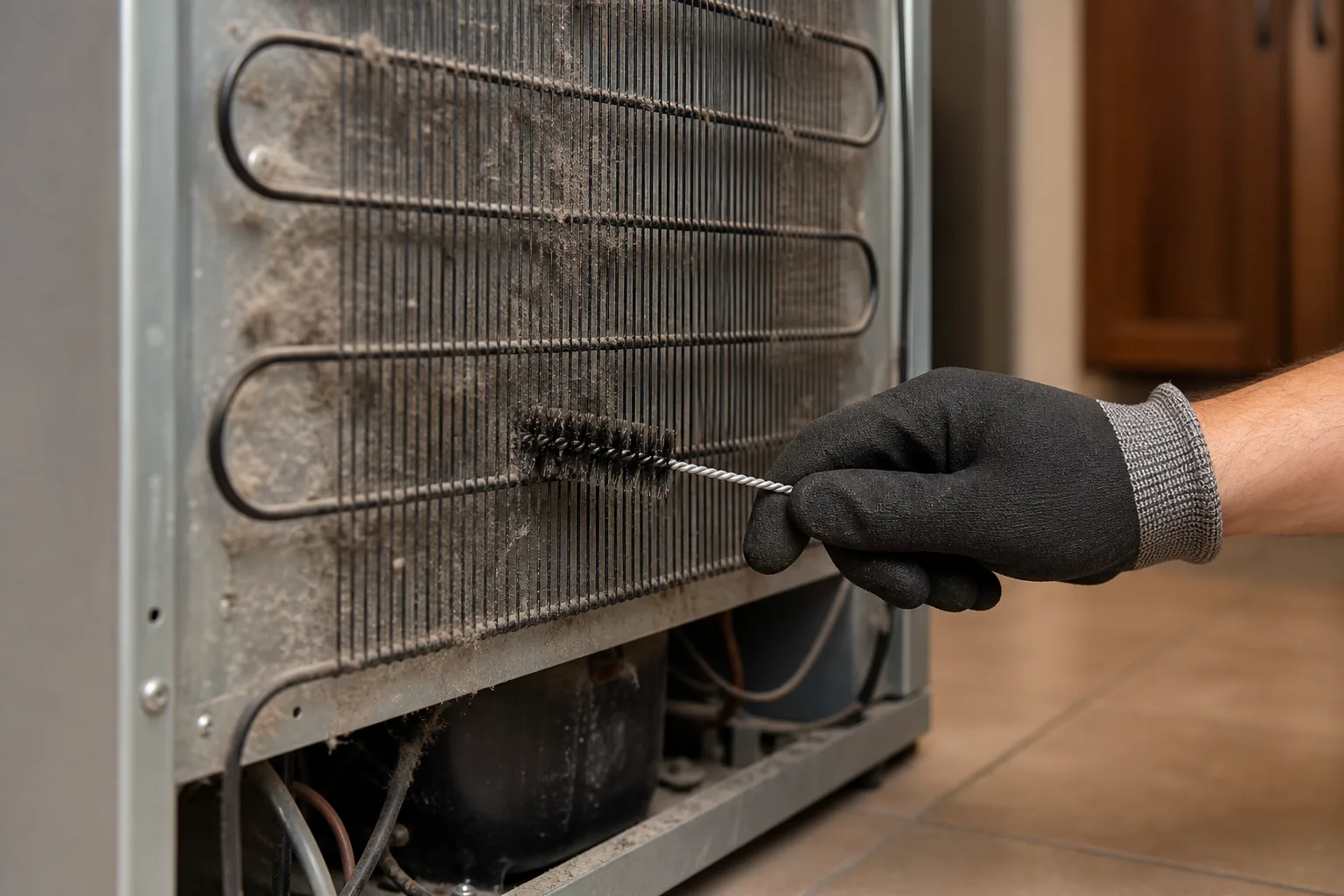 Cleaning dusty condenser coils on a GE refrigerator to fix a cooling problem.