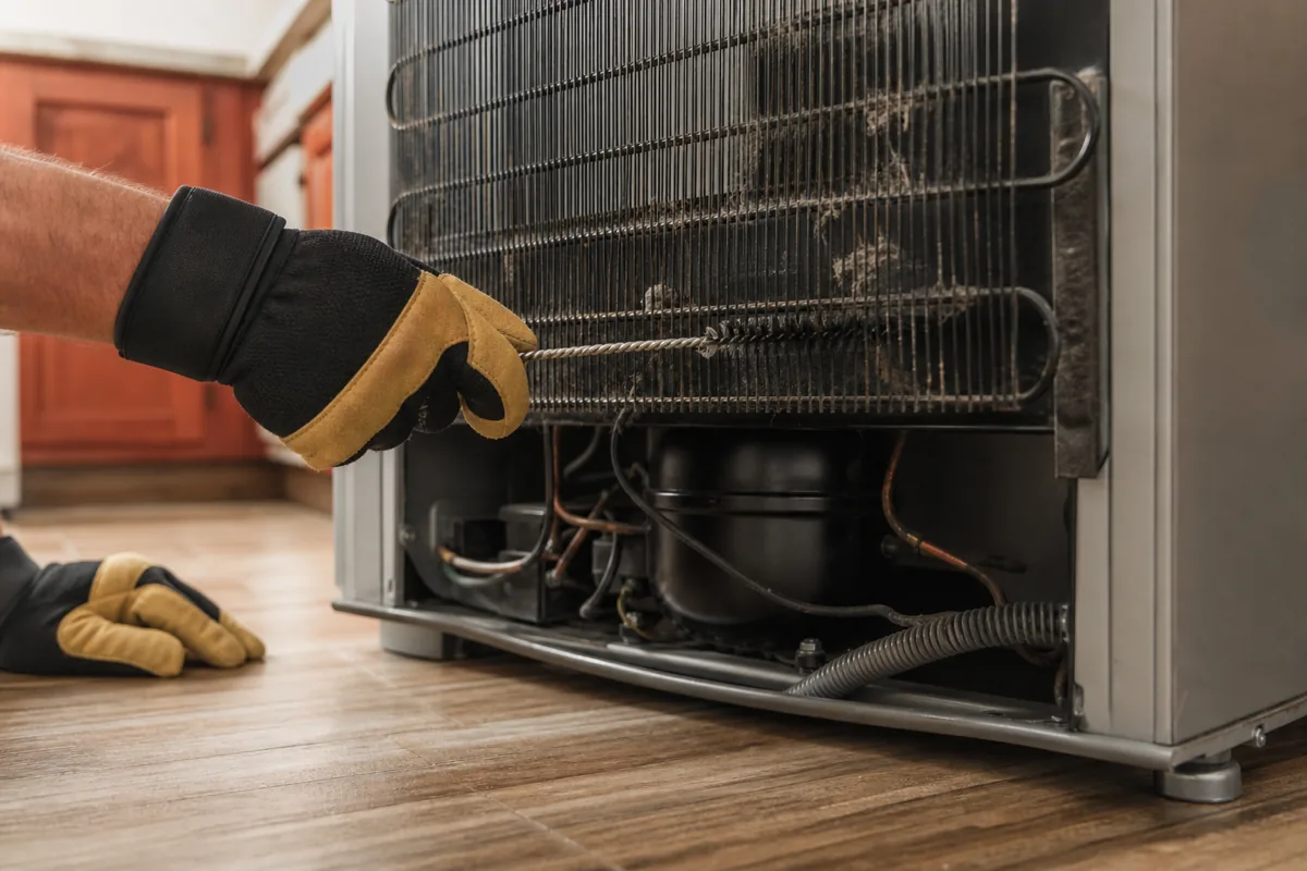 Cleaning dusty condenser coils on a refrigerator to fix a cooling problem.