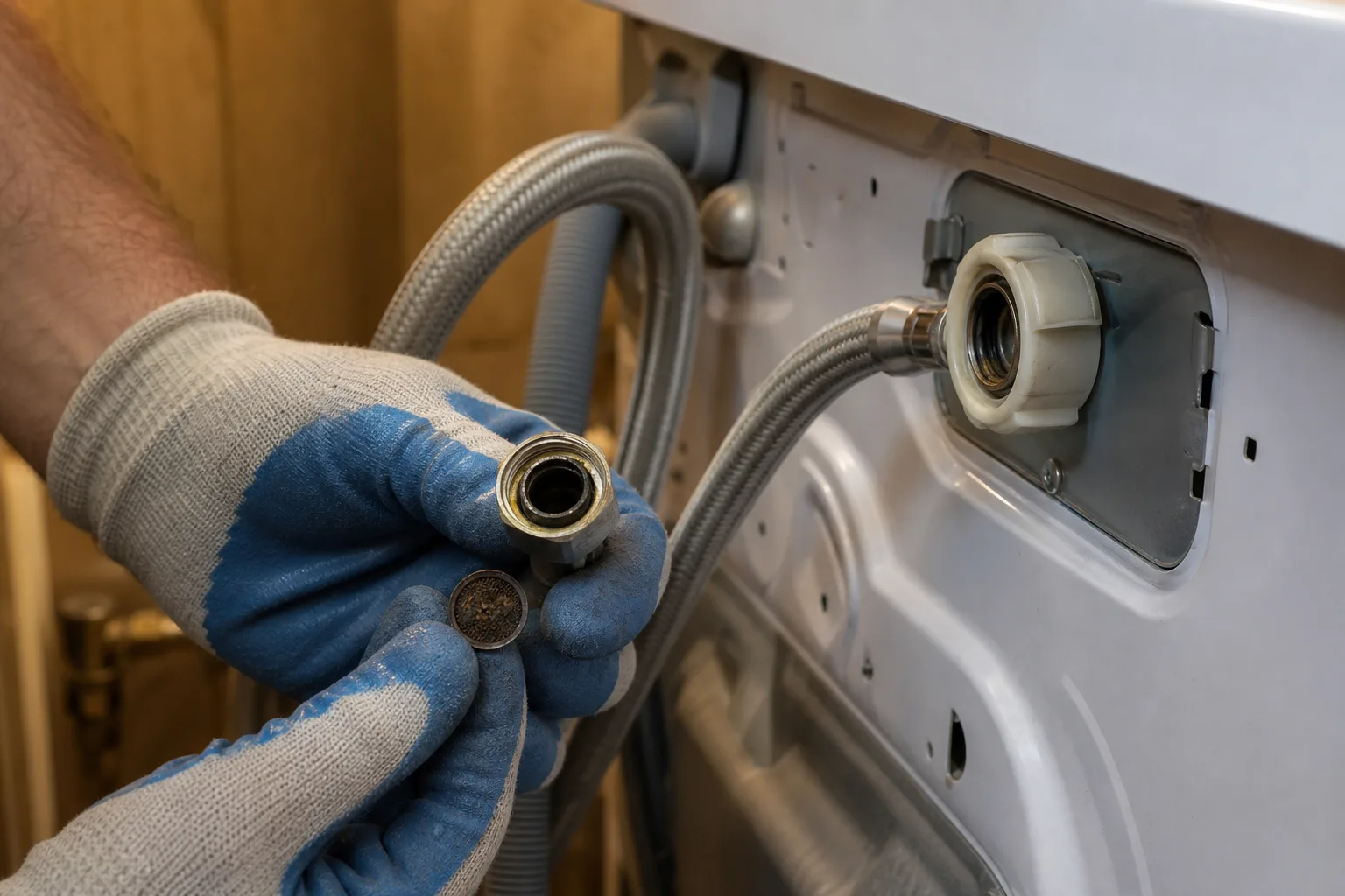 Checking an LG washer's water inlet valve for debris causing an FE overfill error.