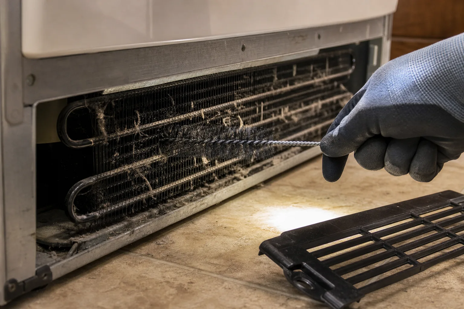 Cleaning dusty condenser coils on a Maytag refrigerator to fix a cooling problem.