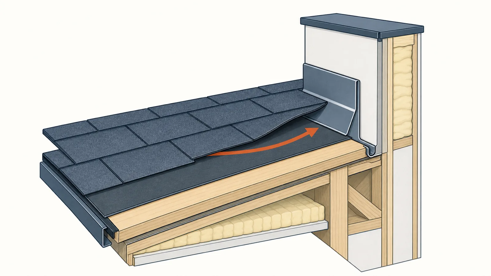 Cross-section diagram showing how water travels under roof shingles to an interior leak point.