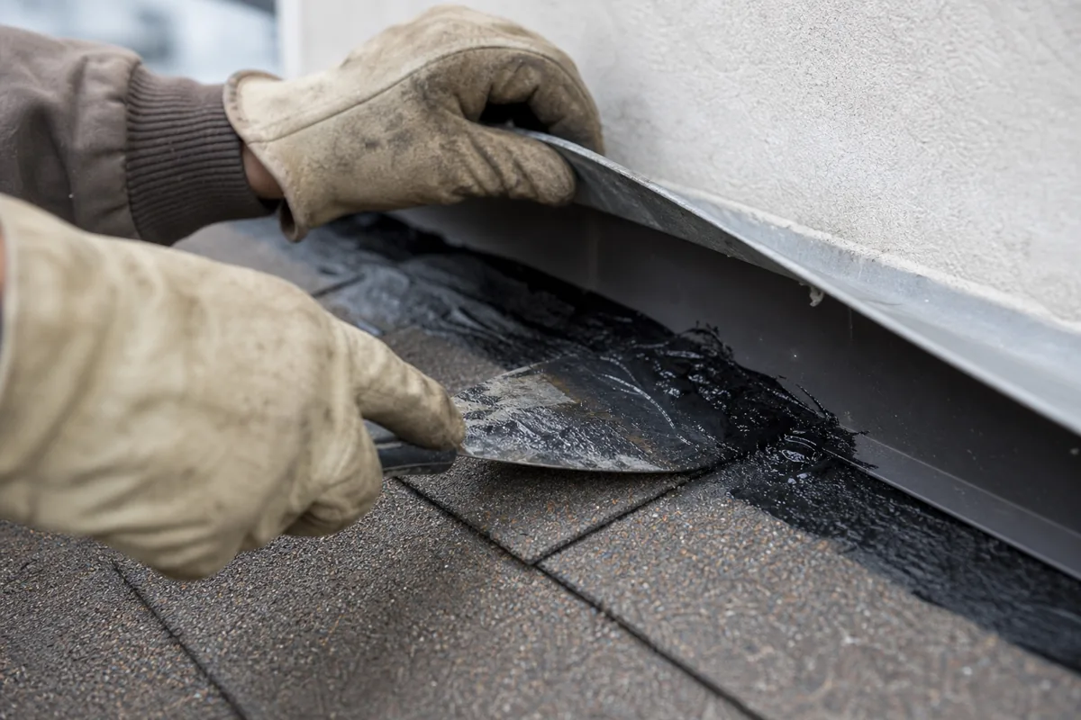 Applying roofing cement to reseal a lifted section of roof flashing.
