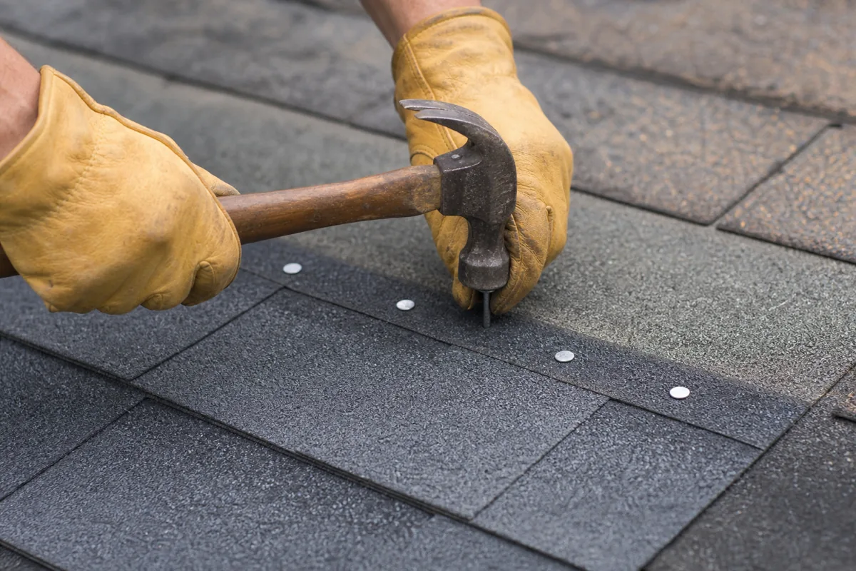 Nailing a replacement shingle into place using the standard four-nail pattern.