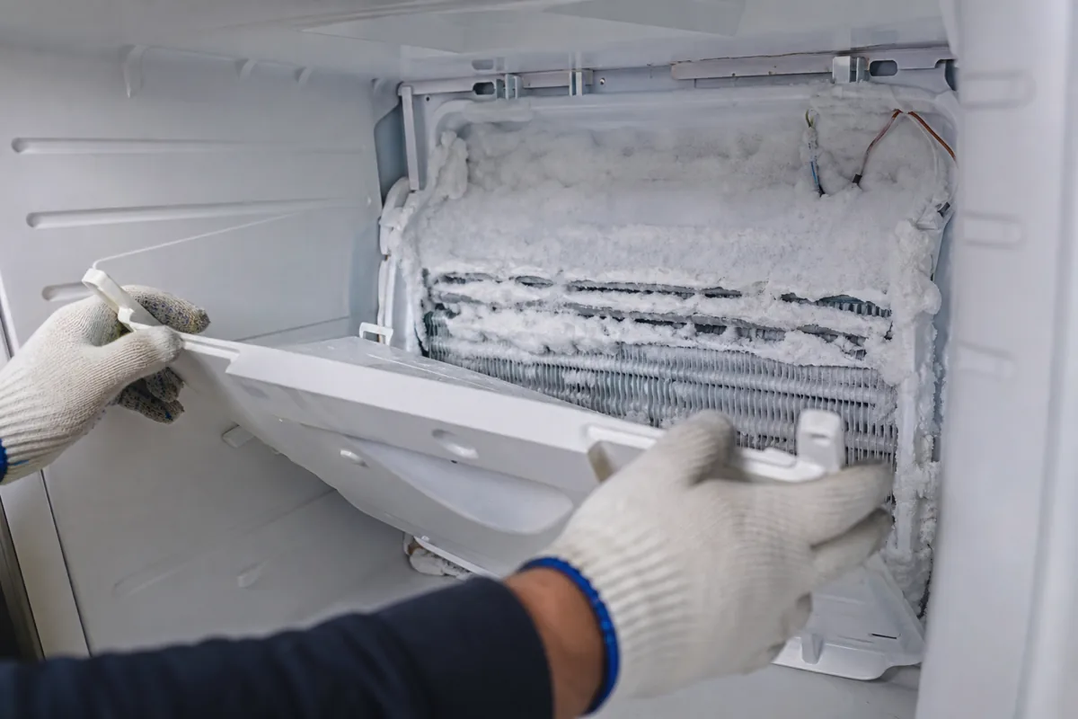 Checking for ice buildup behind a Samsung freezer's rear panel.