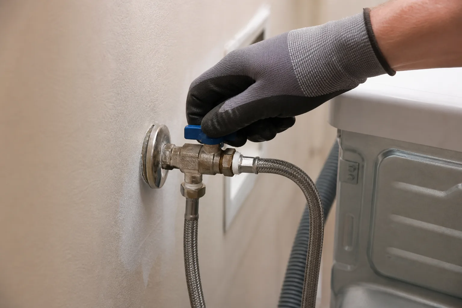 Checking that both water supply valves are fully open behind a Samsung washer to clear a 4C error.