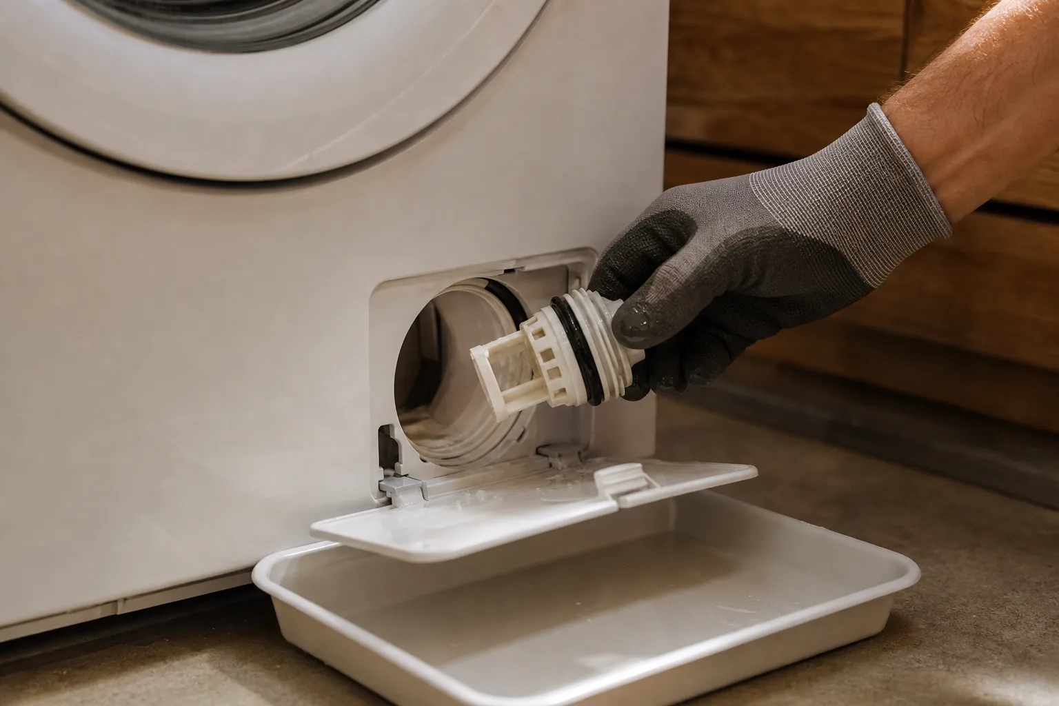 Samsung washer drain pump filter access panel open for cleaning to clear an SC error.