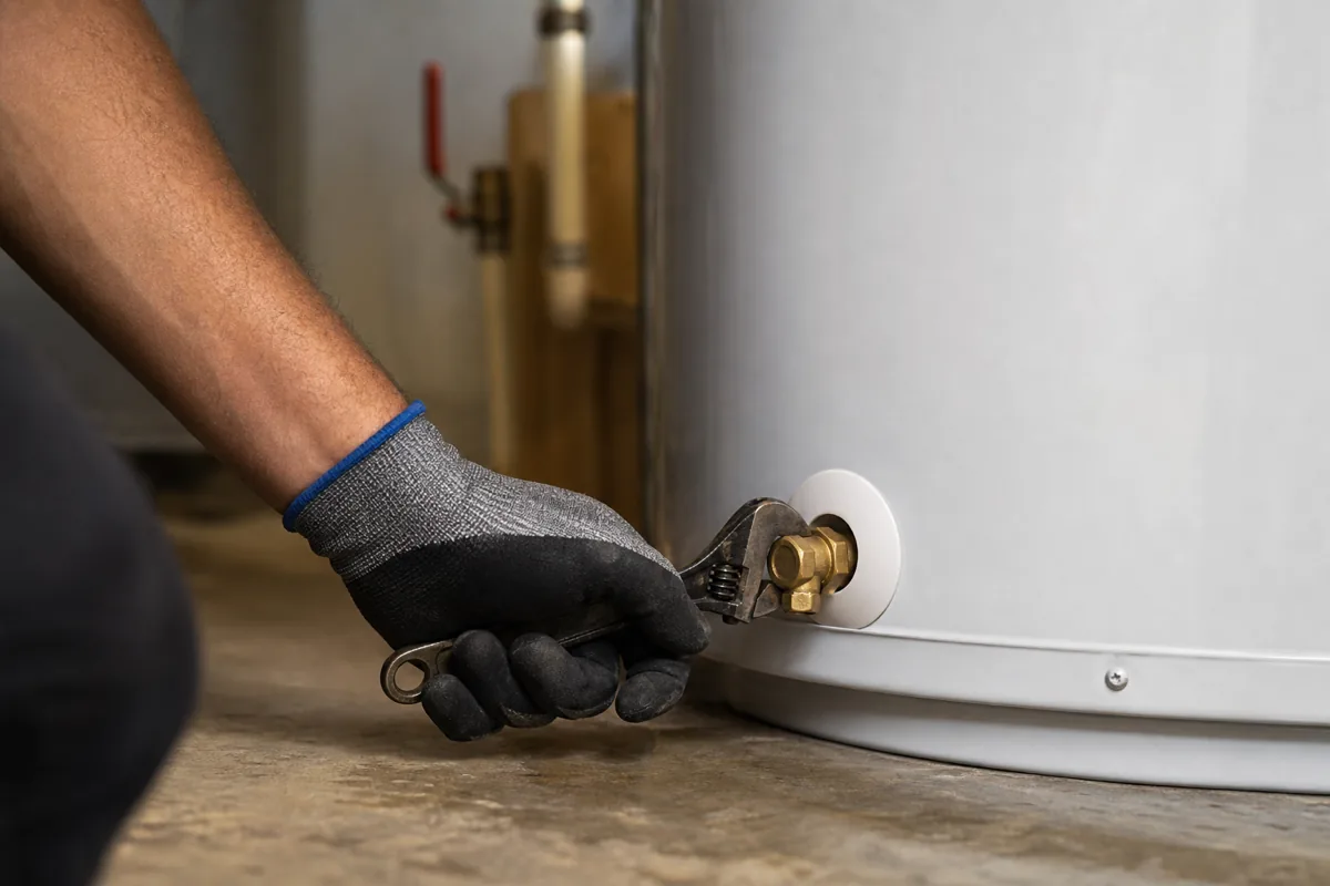 Checking a water heater drain valve for tightness to stop a bottom leak.