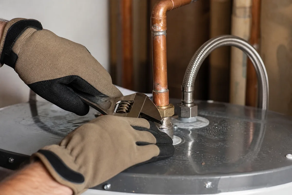 Checking a water heater's top fitting for looseness with a wrench.